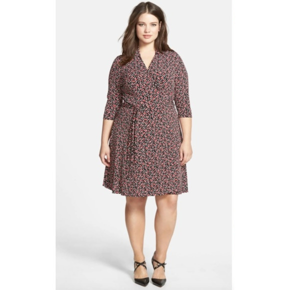 Vince Camuto Mini Check Faux Wrap Jersey‎ Dress in Red, White, Black Size 2X - Picture 1 of 11